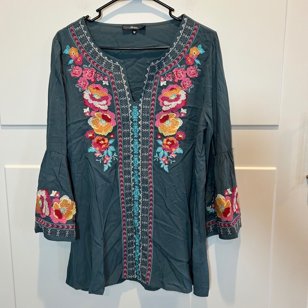 ANDREE BY UNIT Teal Tunic with Multicolor Floral Embroidery